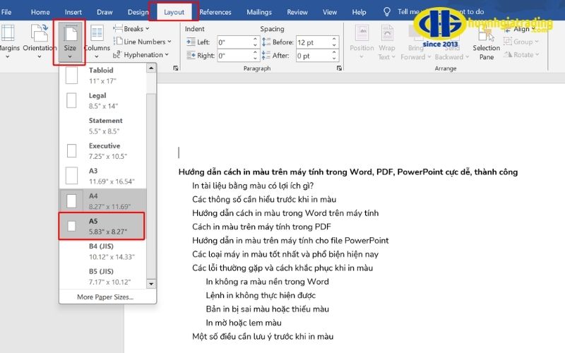 Chọn khổ A5 trong Word 2021, 2024