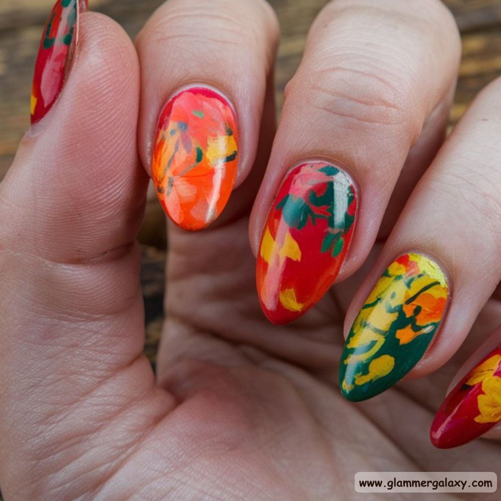 Almond Shaped Nails having Vibrant Fall Skittles