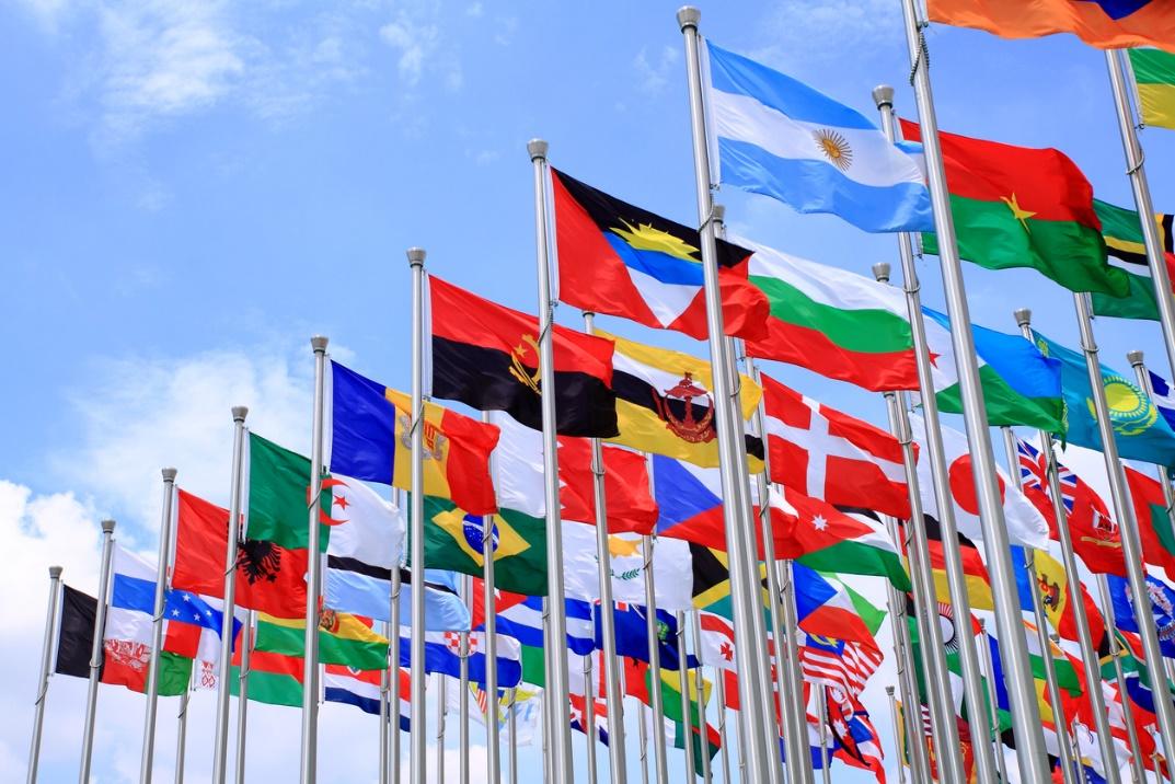 A group of different flags on poles

Description automatically generated