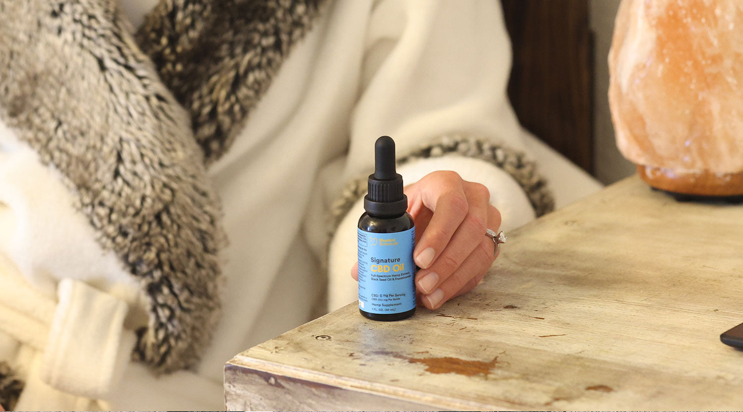 Close-up of Bluebird Botanicals CBD oil packaging—buy CBD online with trusted full spectrum formulas and transparent labeling.