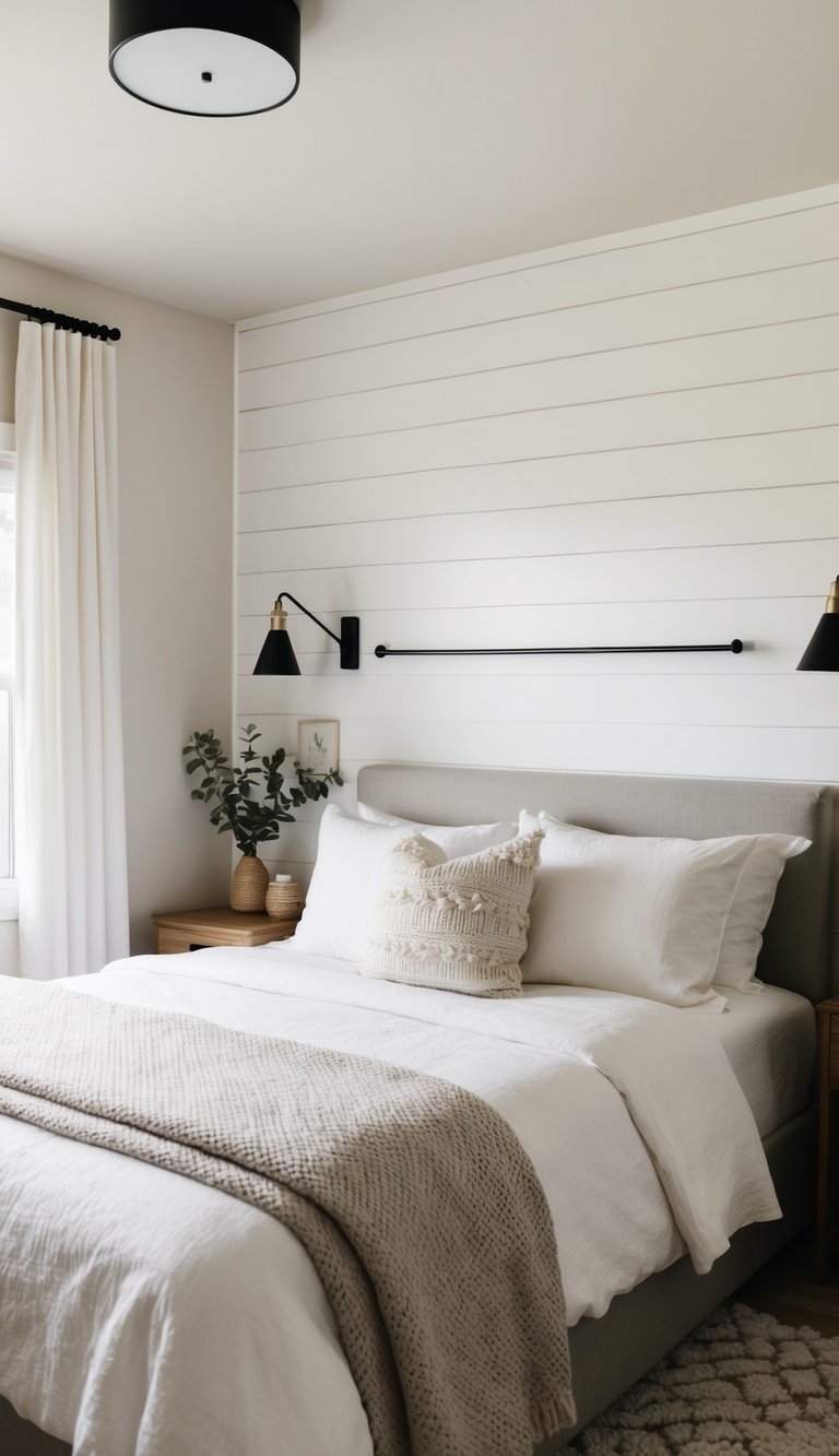 A cozy white bedroom with shiplap walls, soft lighting, and minimalist decor