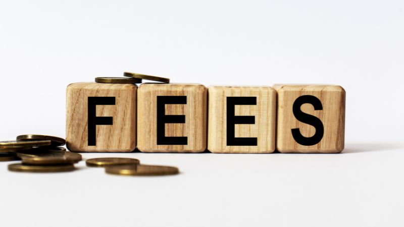 Wooden blocks spell "FEES," with coins on and around them.