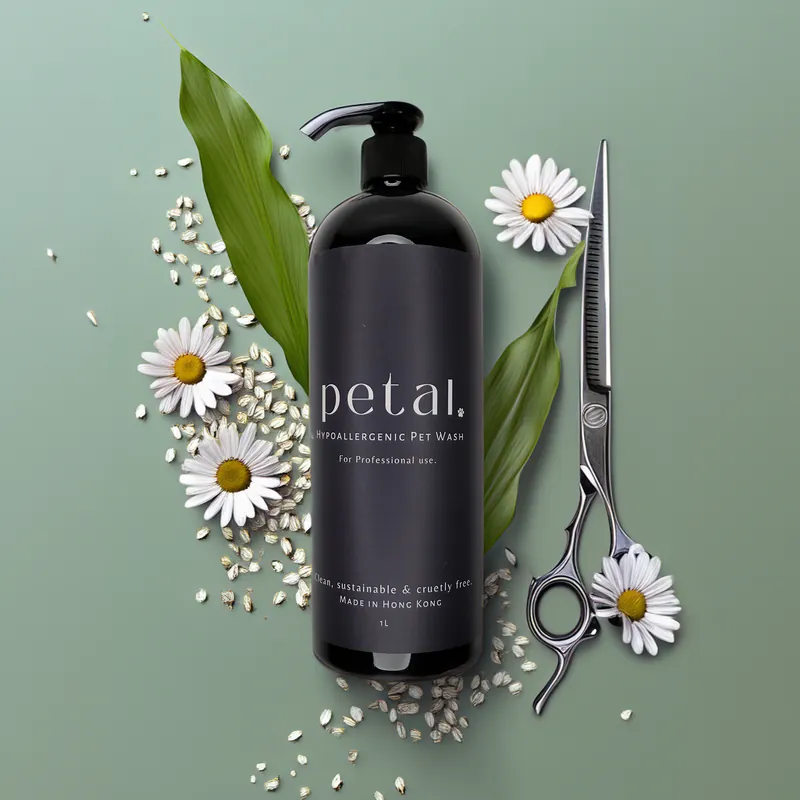 A dog being professionally groomed with soft, healthy fur, enjoying a bath with Petal Pro Professional Care Shampoo, designed for tropical climates.