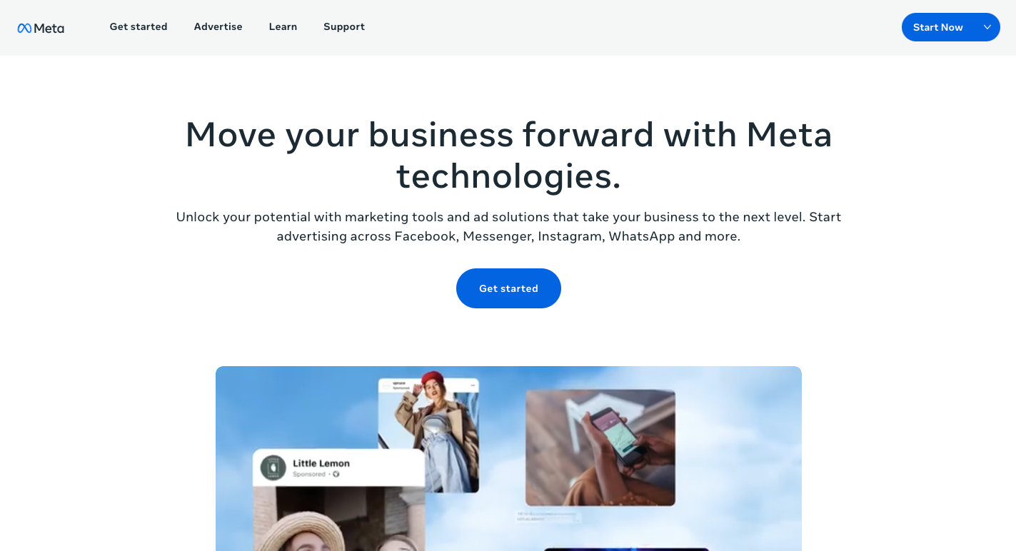 Meta business tools homepage promoting Facebook and Instagram ads, designed for businesses aiming to improve conversion rates through multichannel targeting.