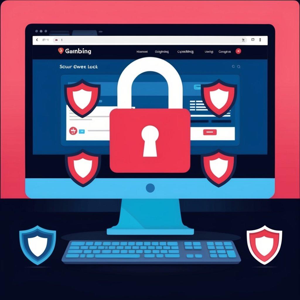 A secure lock icon hovering over a computer screen with a gambling website, surrounded by shields and padlocks