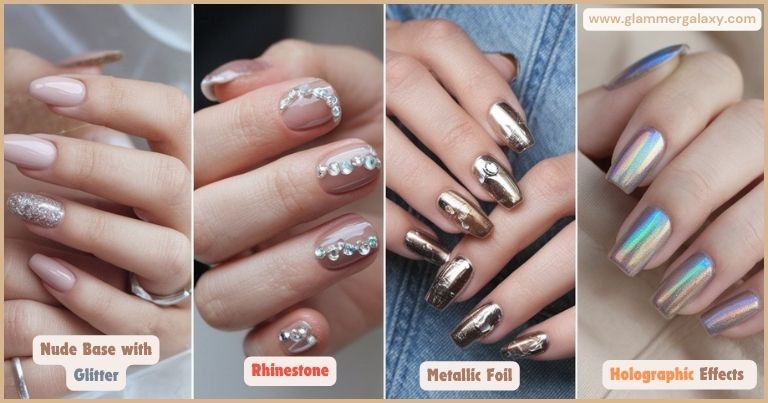 Four photos showcasing different styles of nude nail art with glitter, rhinestone, metallic foil, and holographic effects.