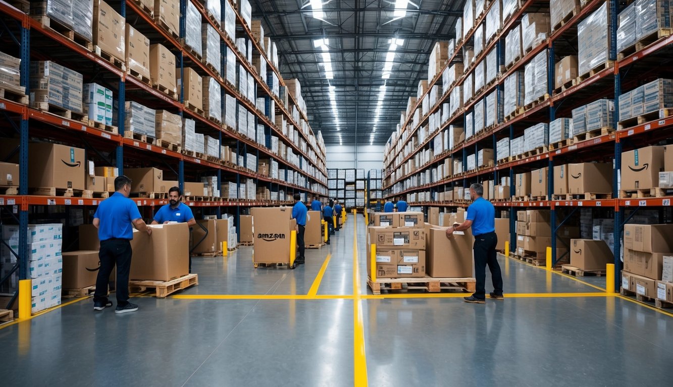 A busy warehouse with shelves stocked with Amazon products, workers fulfilling orders, and delivery trucks lined up outside