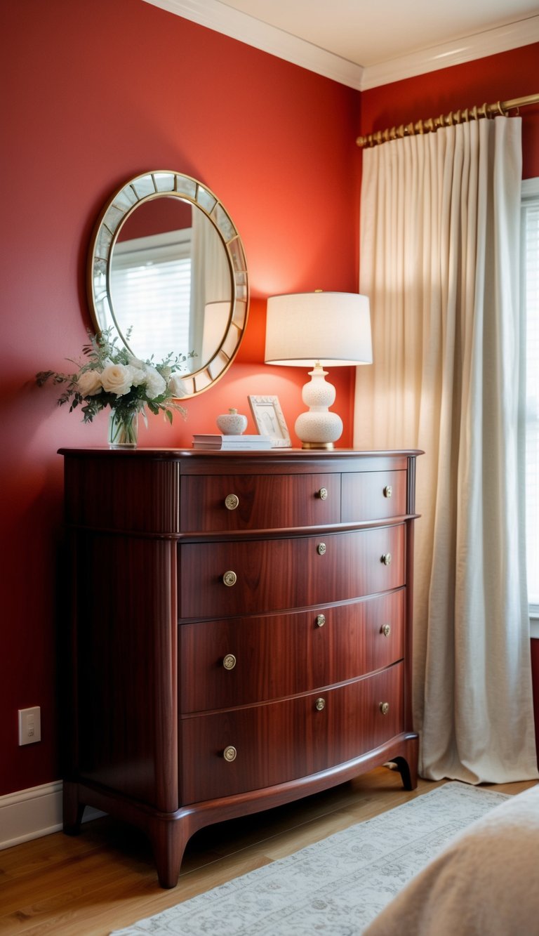 A rosewood dresser stands against a red accent wall in a cozy bedroom, adorned with elegant decor and soft lighting