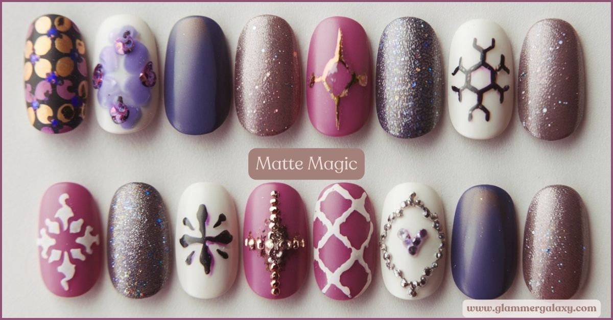 A variety of nail art designs showcasing matte and glossy textures with decorative elements.