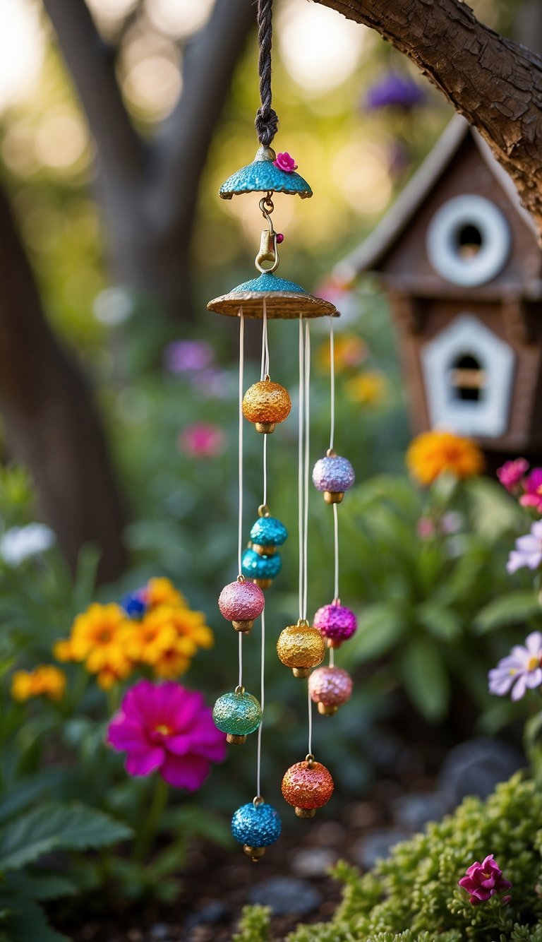 Mini wind chimes hang from a tree in a whimsical backyard fairy garden, surrounded by colorful flowers and tiny fairy houses