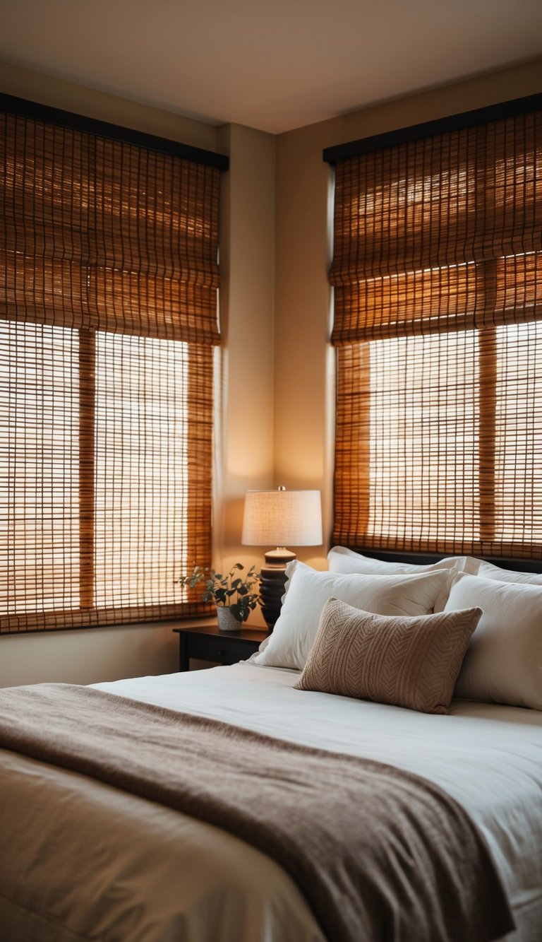 A cozy bedroom with bamboo shades, warm lighting, and soft bedding