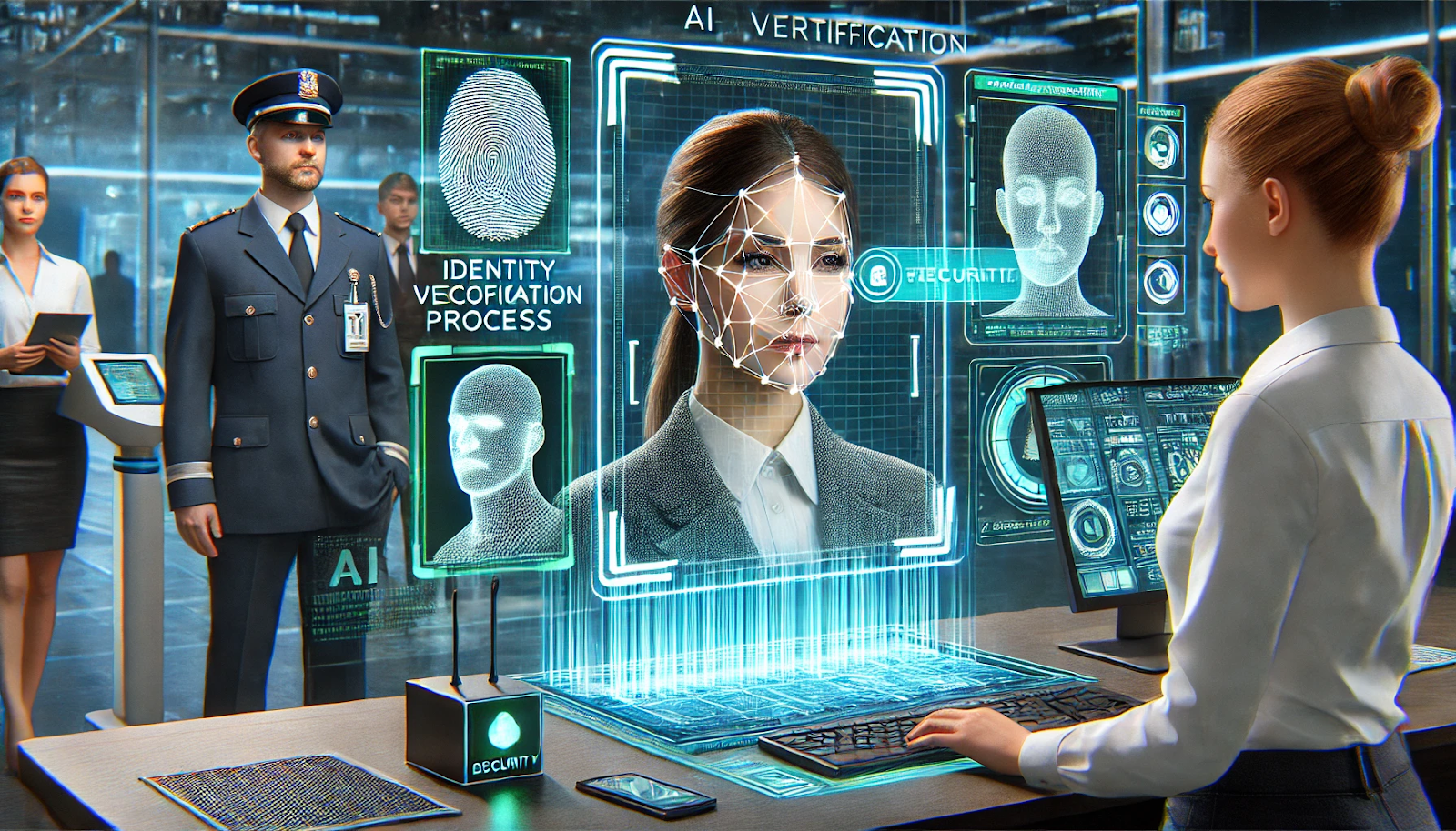 An AI-driven identity verification process displayed on a futuristic digital screen, featuring facial recognition software and biometric data points like fingerprint scanning and voice recognition. A female customer is seen interacting with a digital kiosk, while a digital overlay shows her face being scanned and matched with stored data. Nearby, a security professional observes the process, ensuring compliance with security protocols.