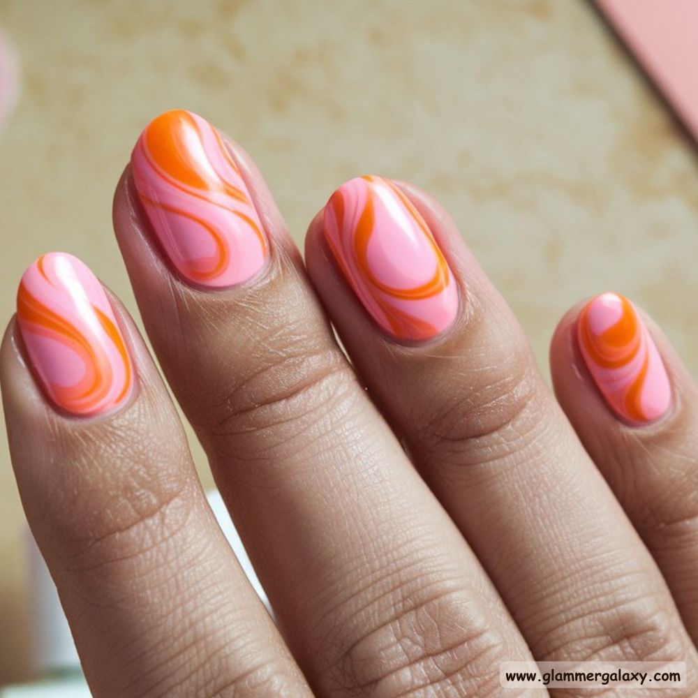 Orange and Pink Summer Nails with Funky and Fresh Swirls