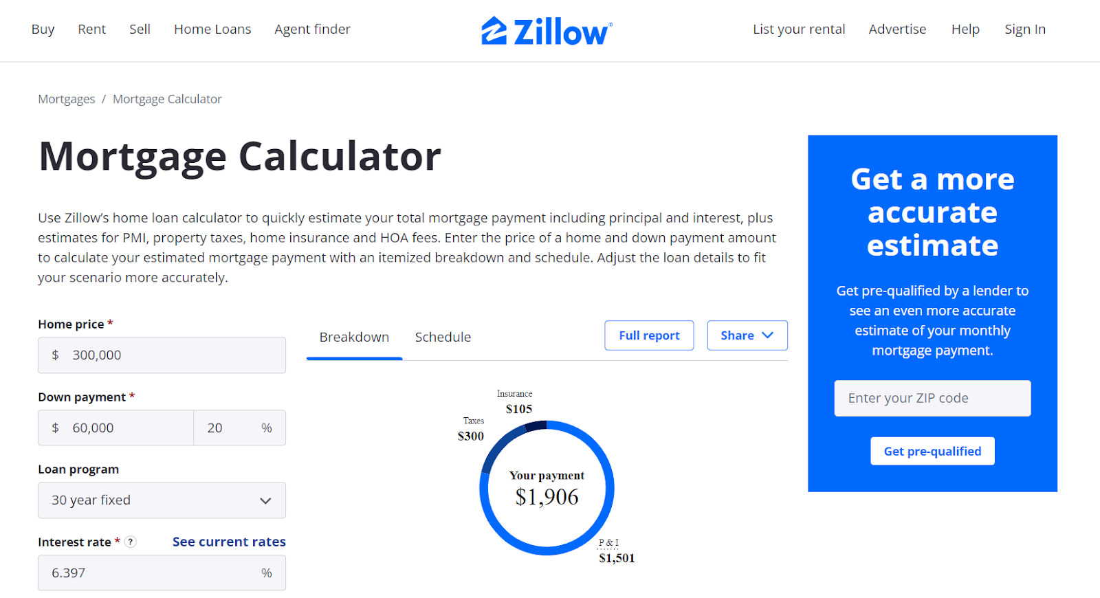 zillow real estate mortgage calculator