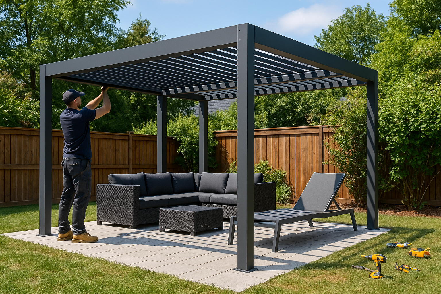Expandable modular pergola with multiple connected sections in a backyard.