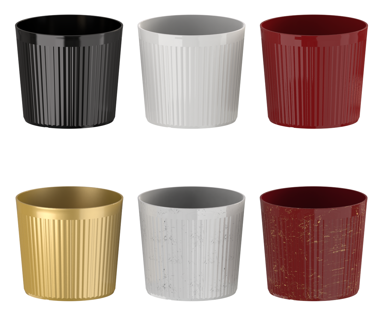 F231-30 decorative tall orchid planter – 30cm height – glossy pleated PP plastic – gold, white, red with black/gold streak options