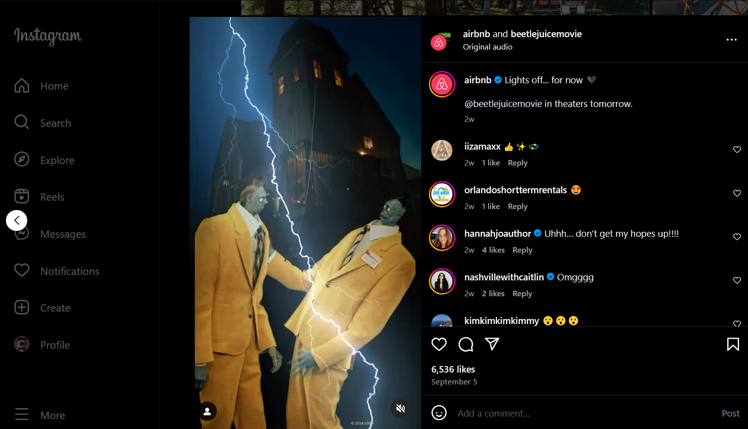 An example of how to create an effective instagram collaboration with an image of the collab between Airbnb and Beetlejuice