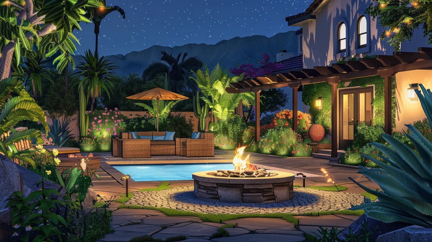 A newspaper cartoon graphic based on Backyard & Outdoor Living examples in California, the newspaper cartoon graphic should depict a luxurious backyard with a stone firepit, outdoor kitchen, pergola-covered patio, and a sparkling pool surrounded by lush landscaping and ambient lighting.