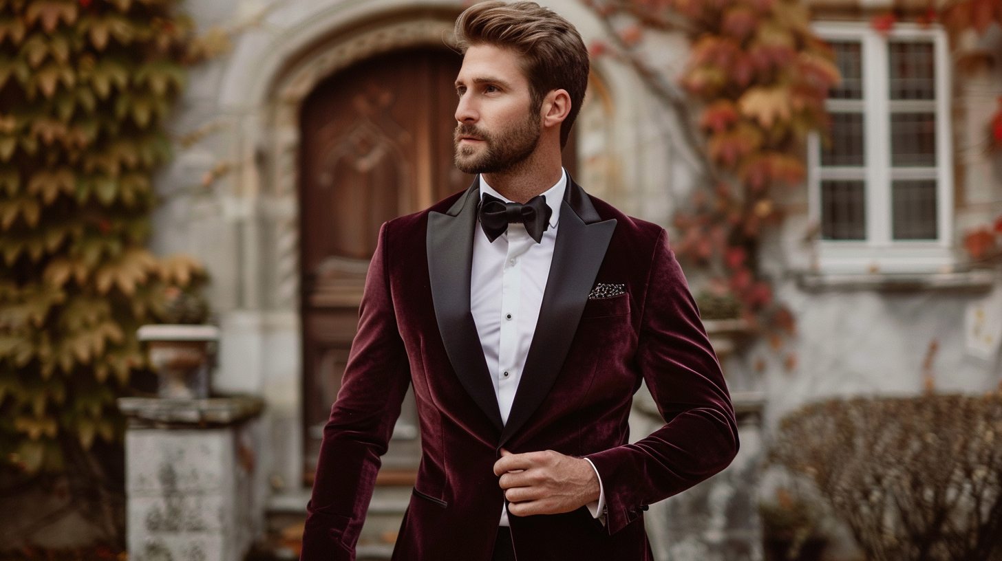 A man in a rich velvet tuxedo jacket, burgundy or emerald color, paired with black tuxedo pants, statement look for a winter event or fashion-forward occasion.