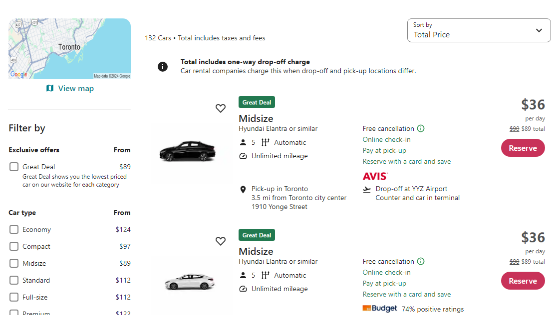 list of available cars in your location with size and rates