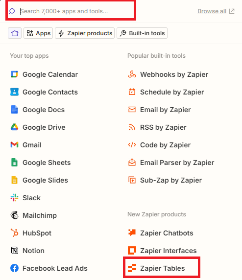  Adding Zapier Tables from app search