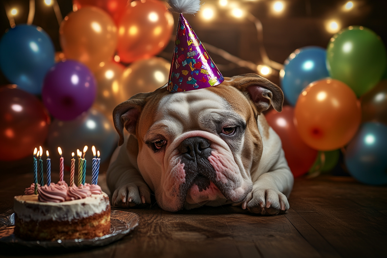 A Bulldog wearing a party hat lying beside a birthday cake | Source: Midjourney