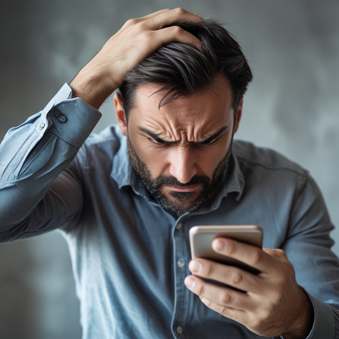 A man desperately looking at a mobile phone