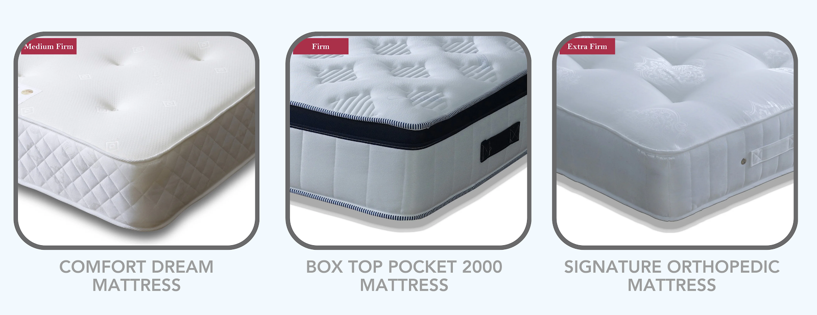 Three premium mattresses side by side: Comfort Dream Mattress (medium-firm), Box Top Pocket 2000 Mattress (firm), and Signature Orthopedic Mattress (extra firm), designed for optimal support and comfort