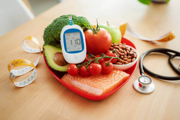 A colorful bowl filled with fruits, vegetables, and nuts, wrapped with a measuring tape to symbolize healthy eating and weight loss through balanced nutrition.