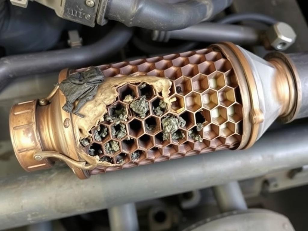 Damaged catalytic converter showing common causes of P0430 car code