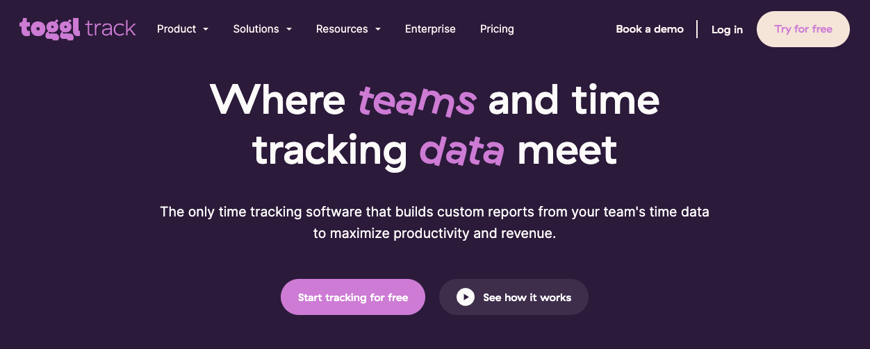 Toggl CTA example "Start tracking for free"