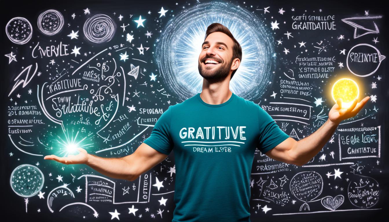 A person holding a glowing orb, representing their desired person, while standing in front of a chalkboard filled with words like "positive thinking," "self-love," and "gratitude." The chalkboard is surrounded by twinkling stars and the image has a soft, dream-like quality.