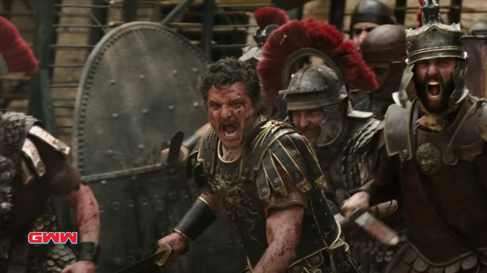 Marcus shouts amid a chaotic battlefield scene.