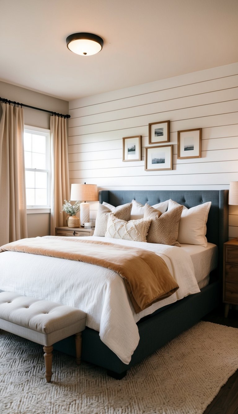 A cozy bedroom with a shiplap accent wall, soft lighting, and warm, inviting decor