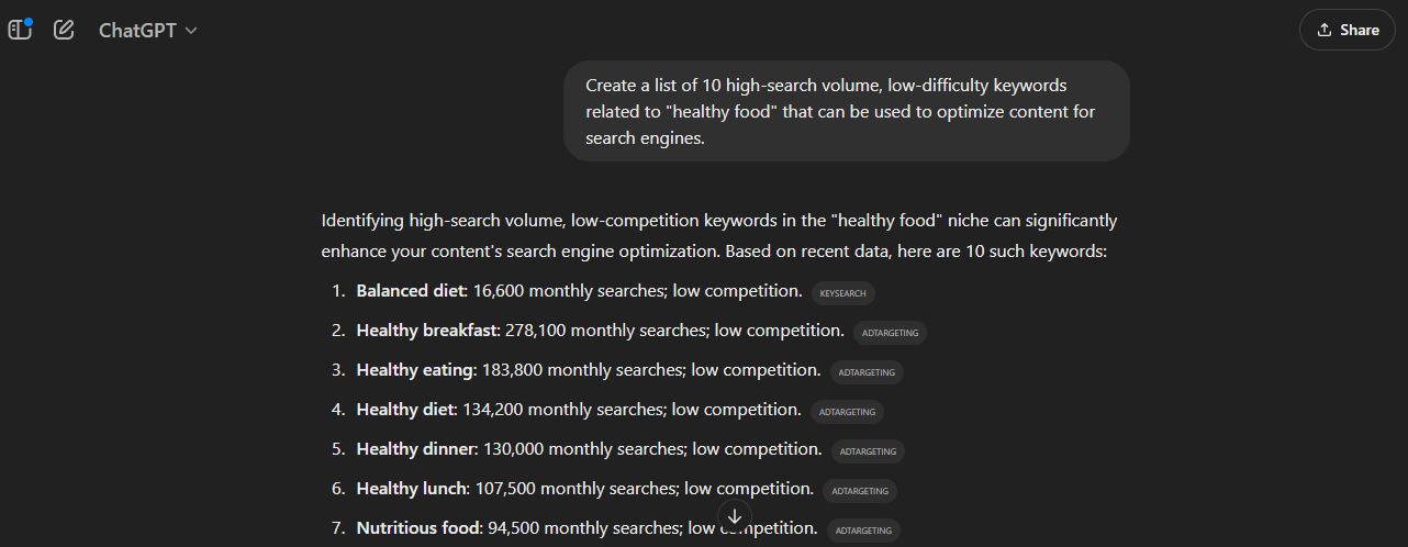 high volume and low difficulty keyword finding prompt