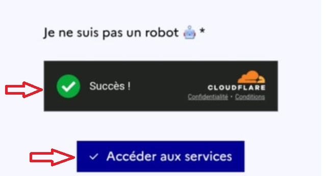 Capture d’écran montrant des flèches indiquant : cochez la case "Je ne suis pas un robot" et accéder aux services
