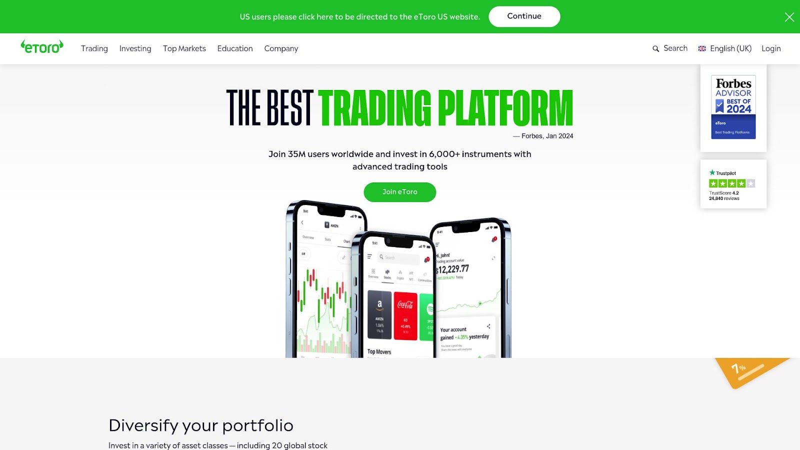 eToro social trading dashboard