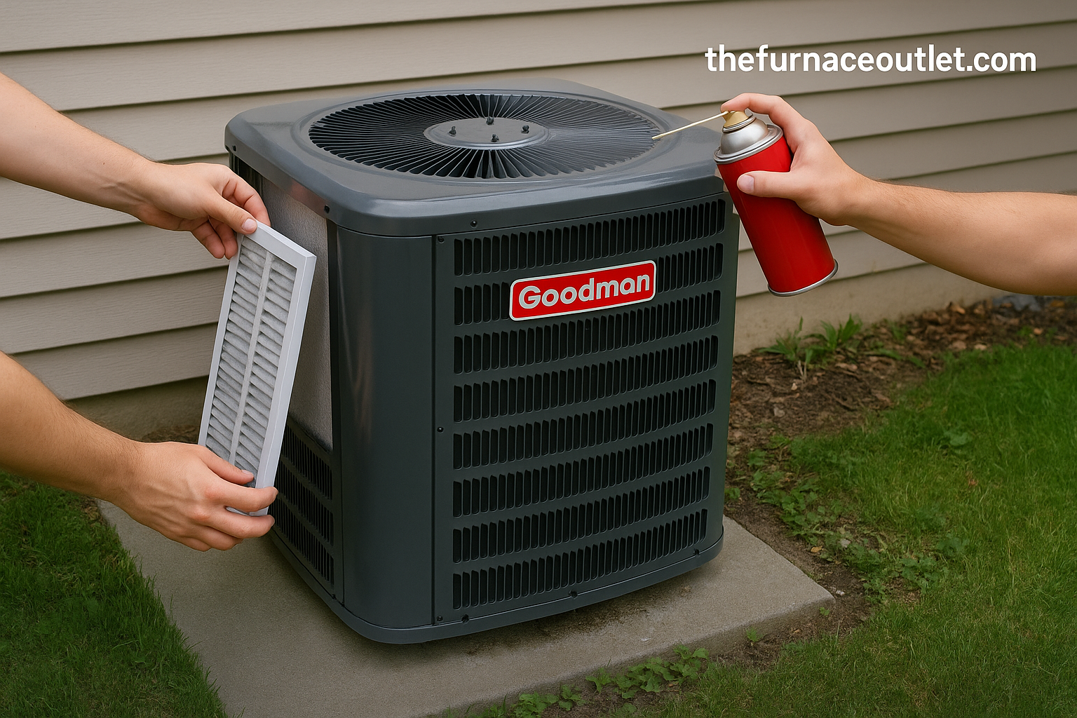 A person performs routine maintenance on a Goodman 3-ton air conditioner by cleaning the coils and replacing the air filter outside a home, with The Furnace Outlet branding visible.