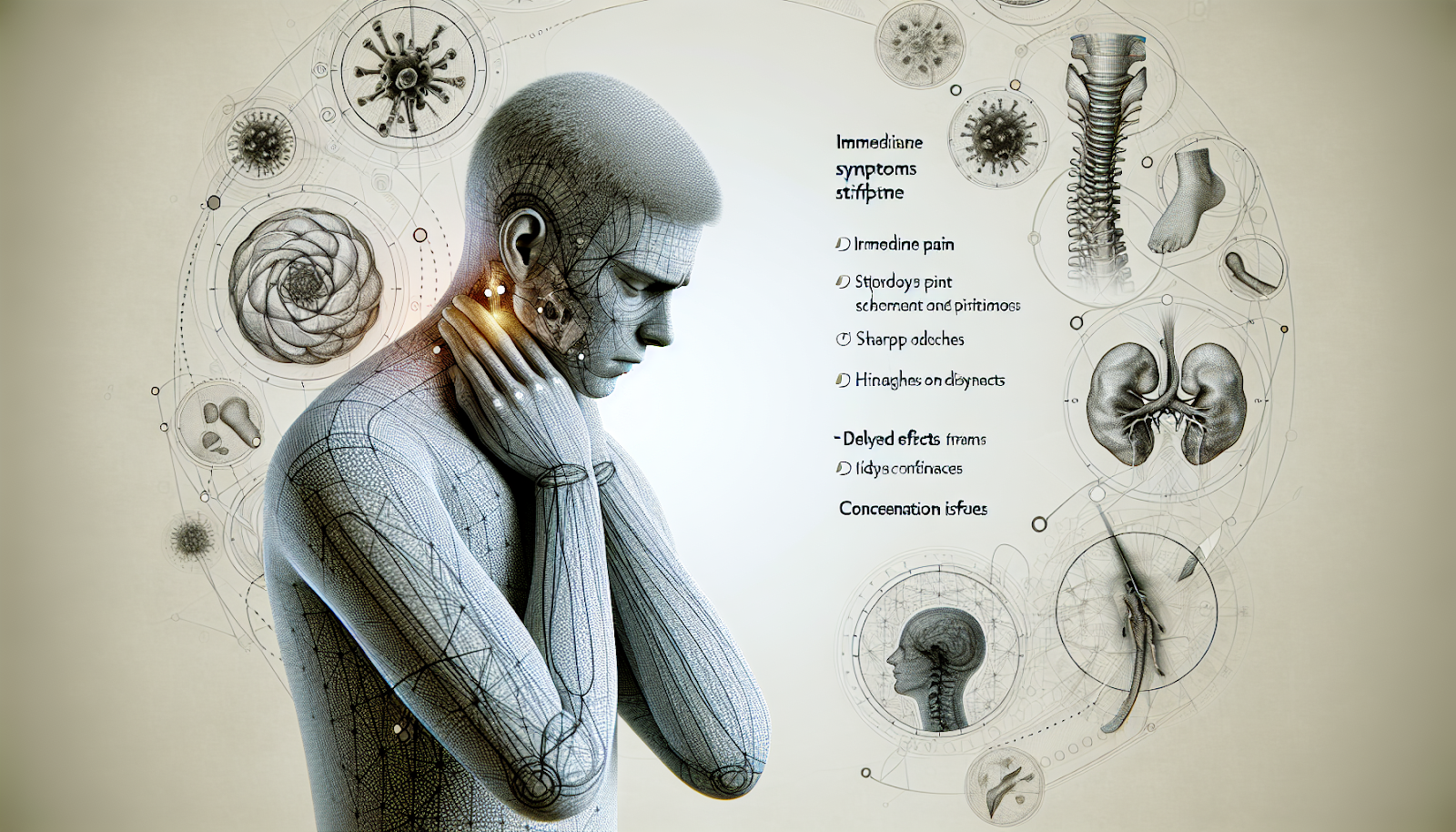 An illustration representing the symptoms of whiplash, including immediate and delayed symptoms.