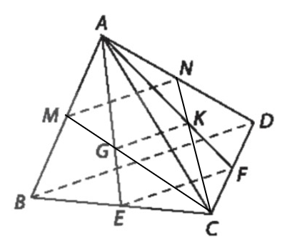 CHƯƠNG VII: QUAN HỆ VUÔNG GÓC TRONG KHÔNG GIANBÀI 22. HAI ĐƯỜNG THẲNG VUÔNG GÓC1. Góc giữa hai đường thẳngBài 1: Trong không gian, cho hai đường thẳng chéo nhau m và n. Từ hai điểm phân biệt O,O  tuỳ ý lần lượt kẻ các cặp đường thẳng a, b và a',b' tương ứng song song với m, n (H.7.2).a) Mỗi cặp đường thẳng a, a và b, b' có cùng thuộc một mặt phẳng hay không?b) Lấy các điểm A, B (khác O) tương ứng thuộc a, b. Đường thẳng qua A song song với OO' cắt a' tại A, đường thẳng qua B song song với OO' cắt b' tại B' Giải thích vì sao OAA'O', OBB'O', ABB'A' là các hình bình hành.c) So sánh góc giữa hai đường thẳng a, b và góc giữa hai đường thẳng a', b'. (Gợi ý: Áp dụng định lí côsin cho các tam giác OAB, O'A'B').Đáp án chuẩn:a) Mỗi cặp a,a' và b,b' đồng phẳng.b) OAA'O', OBB'O' hình bình hành vì có các cặp cạnh đối song song ABB'A' là hình bình hành vì AA’ // BB’; AA”= BB’ c) các góc O, O' bằng nhau. Bài 2: Nếu a song song hoặc trùng với a' và b song song hoặc trùng với b' thì (a, b) và (a', b') có mối quan hệ gì? Đáp án chuẩn:(a, b) = (a', b')Bài 3: Kim tự tháp Cheops là kim tự tháp lớn nhất trong các kim tự tháp ở Ai Cập, được xây dựng vào thế kỉ thứ 26 trước Công nguyên và là một trong bảy kì quan của thế giới cổ đại. Kim tự tháp có dạng hình chóp với đáy là hình vuông có cạnh dài khoảng 230 m, các cạnh bên bằng nhau và dài khoảng 219 m (kích thước hiện nay). (Theo britannica.com).Đáp án chuẩn:SCH=58,32. Hai đường thẳng vuông gócBài 1: Đối với hai cánh cửa trong Hình 7.5, tính góc giữa hai đường mép cửa BC và MN.Đáp án chuẩn:90Bài 2: Nếu đường thẳng a vuông góc với đường thẳng b thì a có vuông góc với các đường thẳng song song với b hay không? Đáp án chuẩn:a có vuông góc với các đường thẳng // bBài 3: Cho tam giác MNP vuông tại N và một điểm A nằm ngoài mặt phẳng (MNP). Lần lượt lấy các điểm B, C, D sao cho M, N, P tương ứng là trung điểm của AB, AC, CD (H.7.7). Chứng minh rằng AD và BC vuông góc với nhau và chéo nhau.Đáp án chuẩn:Có AD⊥BC. Nếu D∈(ABC) thì A∈(MNP) (vô lí). Như vậy D∉(ABC) nên AD,BC chéo nhau.3. BÀI TẬP