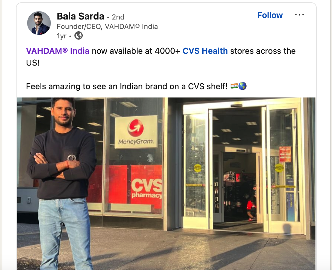 Vahdam owner sharing news regarding availabiliy of products at 4000+ CVS health stores.