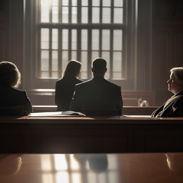 A solemn courtroom scene, focusing on a family's grief during a wrongful death case.