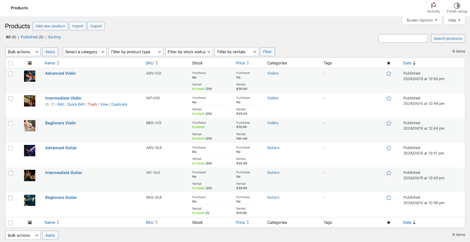 WooCommerce Products list showing rental stock/price information