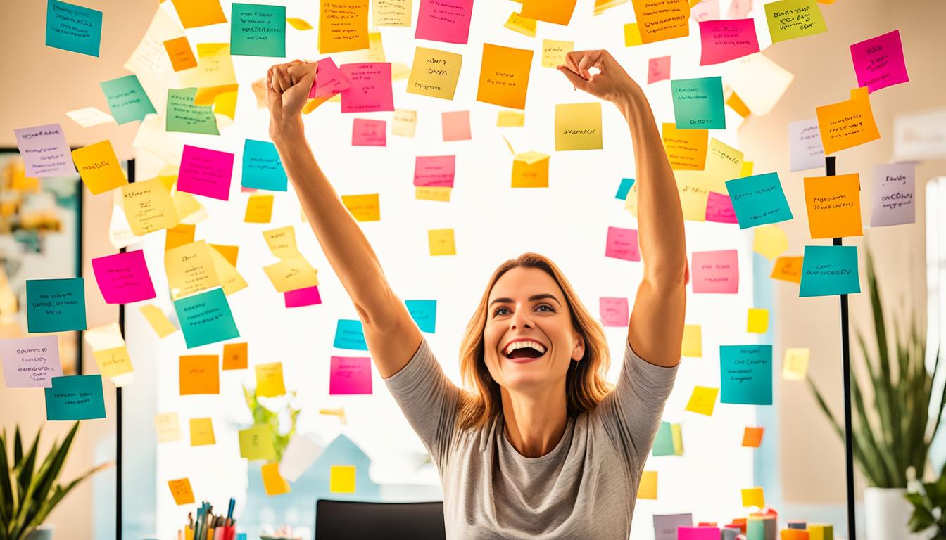 An image of a person standing in front of a mirror, surrounded by a collection of positive affirmations written on colorful sticky notes. The person is smiling and confident, holding their arms out in a gesture of gratitude and accomplishment. Rays of golden light radiate from the affirmations, symbolizing a powerful manifestation energy. In the background, there are images of success and abundance, such as a luxury car, a tropical beach, or a dream house. The overall mood is uplifting and inspiring, conveying the message that with the right mindset and affirmations, anything is possible.