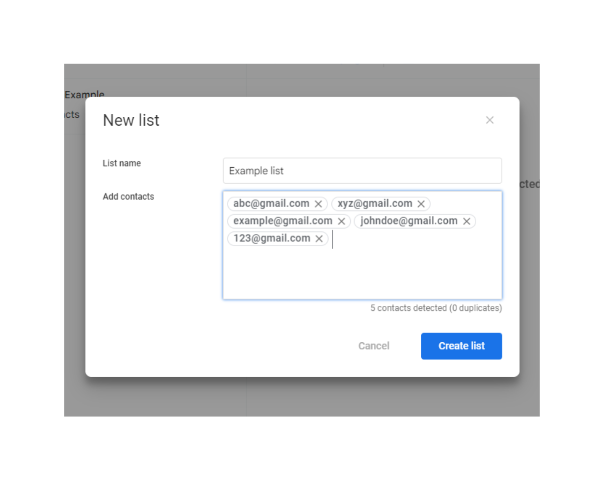How to create and use contacts in Gmail with Mailsuite: In the New list window, name your new list and add the contacts.