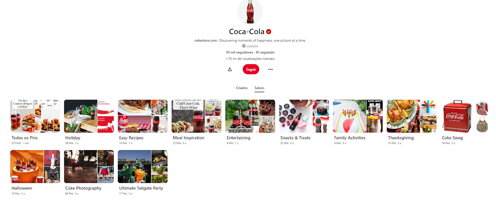 Perfil da marca Coca-Cola no Pinterest