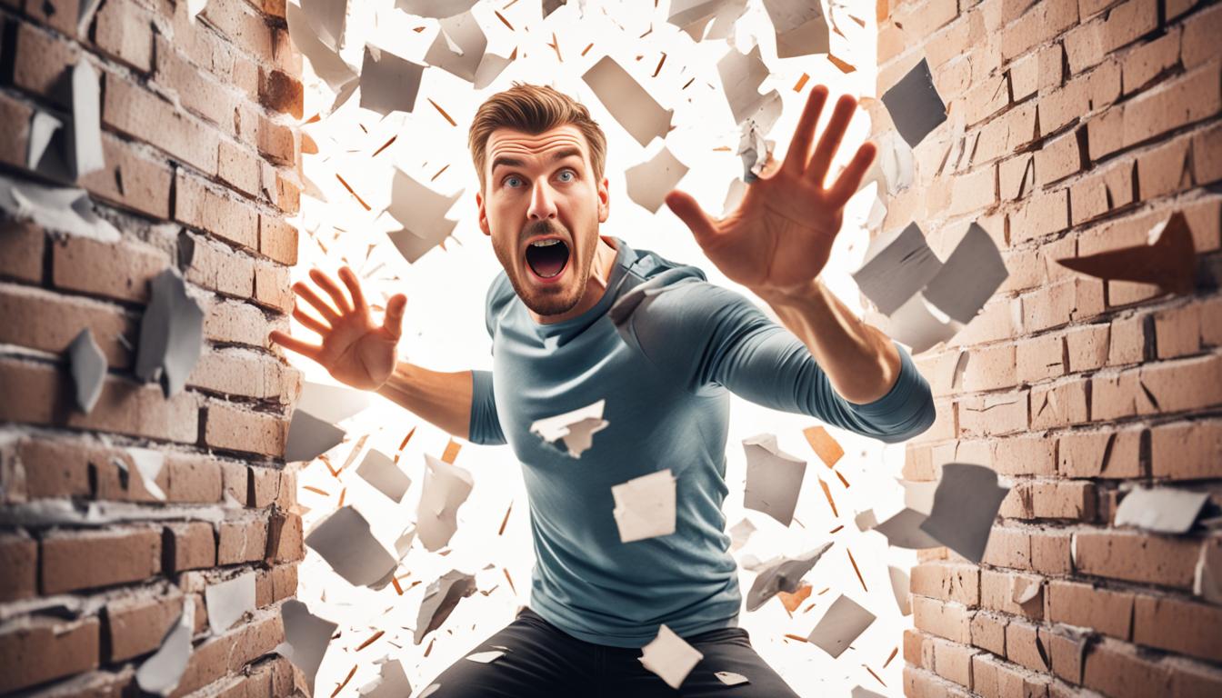 A person breaking through a brick wall with their bare hands, surrounded by shattered pieces of the wall and beams of light shining through the cracks. In the foreground, there are ripped pieces of paper with negative beliefs written on them. The person has a look of determination and empowerment on their face.