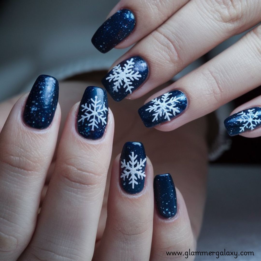 Snowflake Nails having Deep Blue Nails with Snowflake Art
