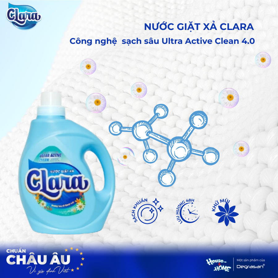 Nước giặt xả Clara Châu Âu ứng dụng công nghệ sạch sâu Ultra Active Clean 4.0. 