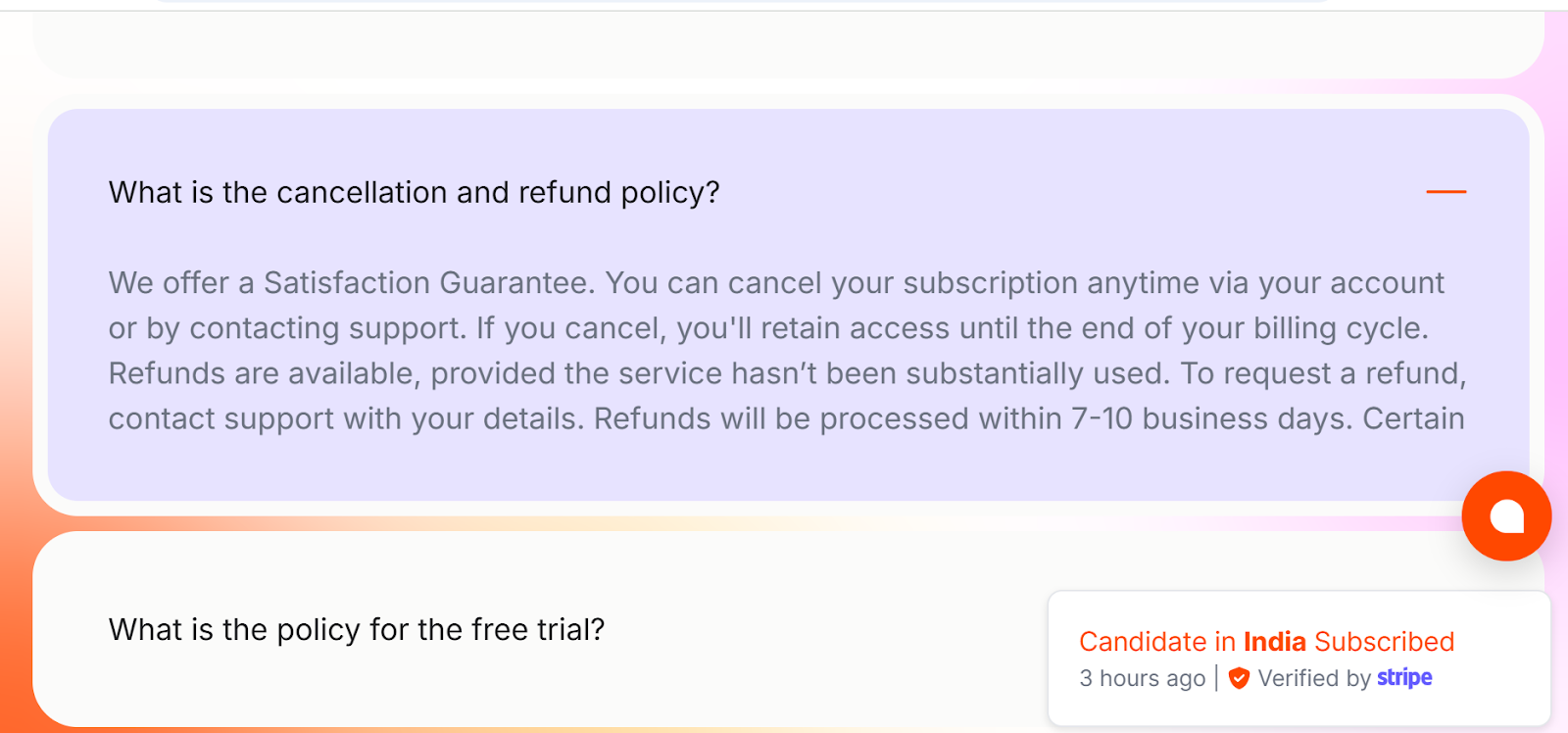 A screenshot from the Final round AI website detailing the cancellation and refund policy